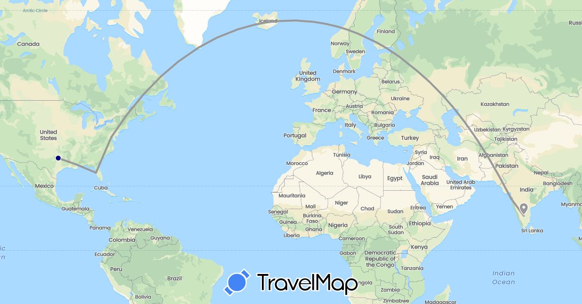 TravelMap itinerary: driving, plane in India, Russia, United States (Asia, Europe, North America)